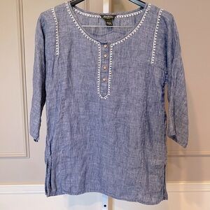 Eddie Bauer linen tunic Medium blue white boho lagenlook casual natural